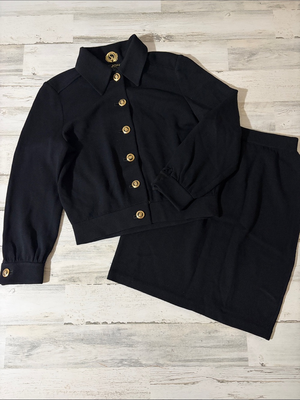 St John Black Knit Skirt Set with Gold Buttons - Picture 2 of 14
